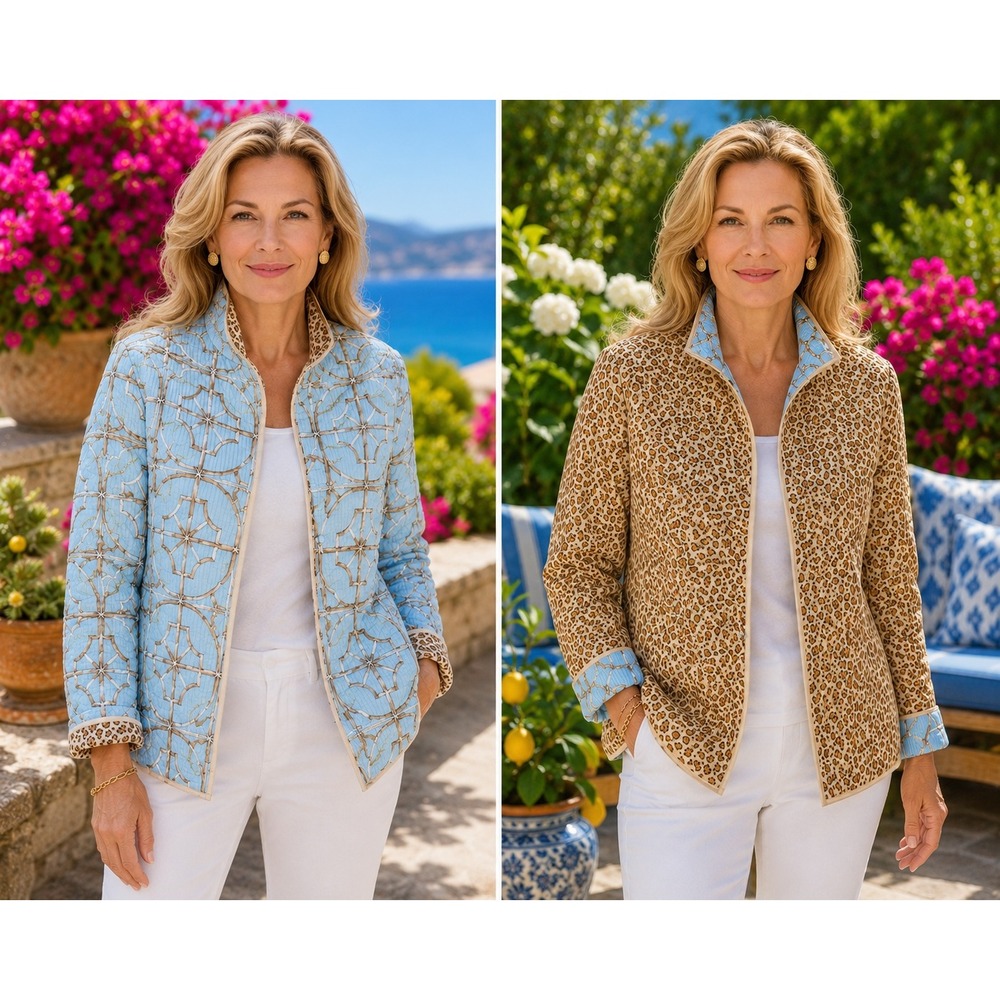 J.‎ McLaughlin Reversible Quilted Jacket Bamboo Animal Print Blue Tan Medium